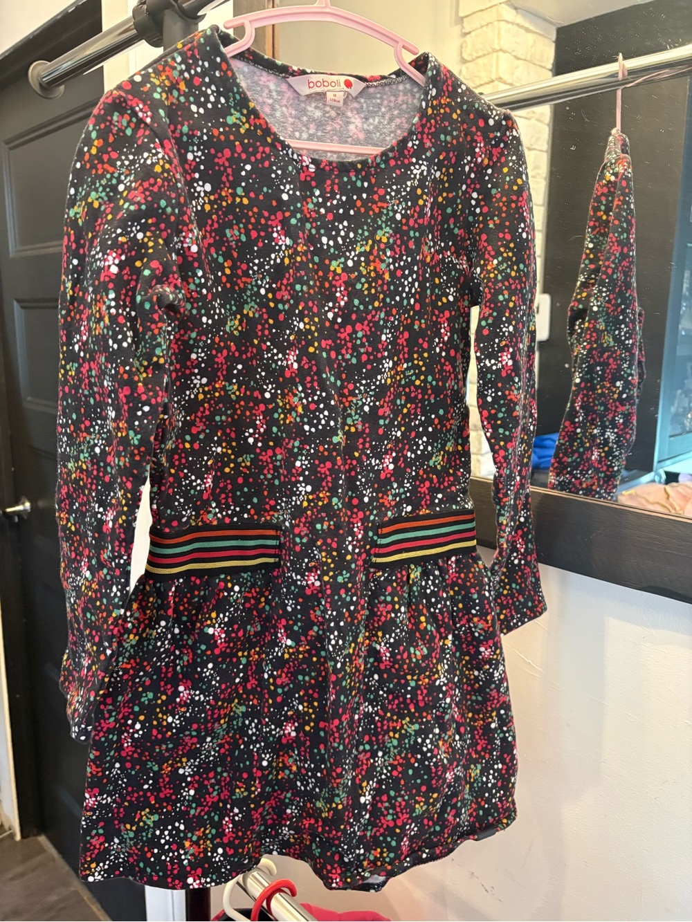 Boboli Black Floral-Print Long Sleeve Kids Dress with Striped Waistband